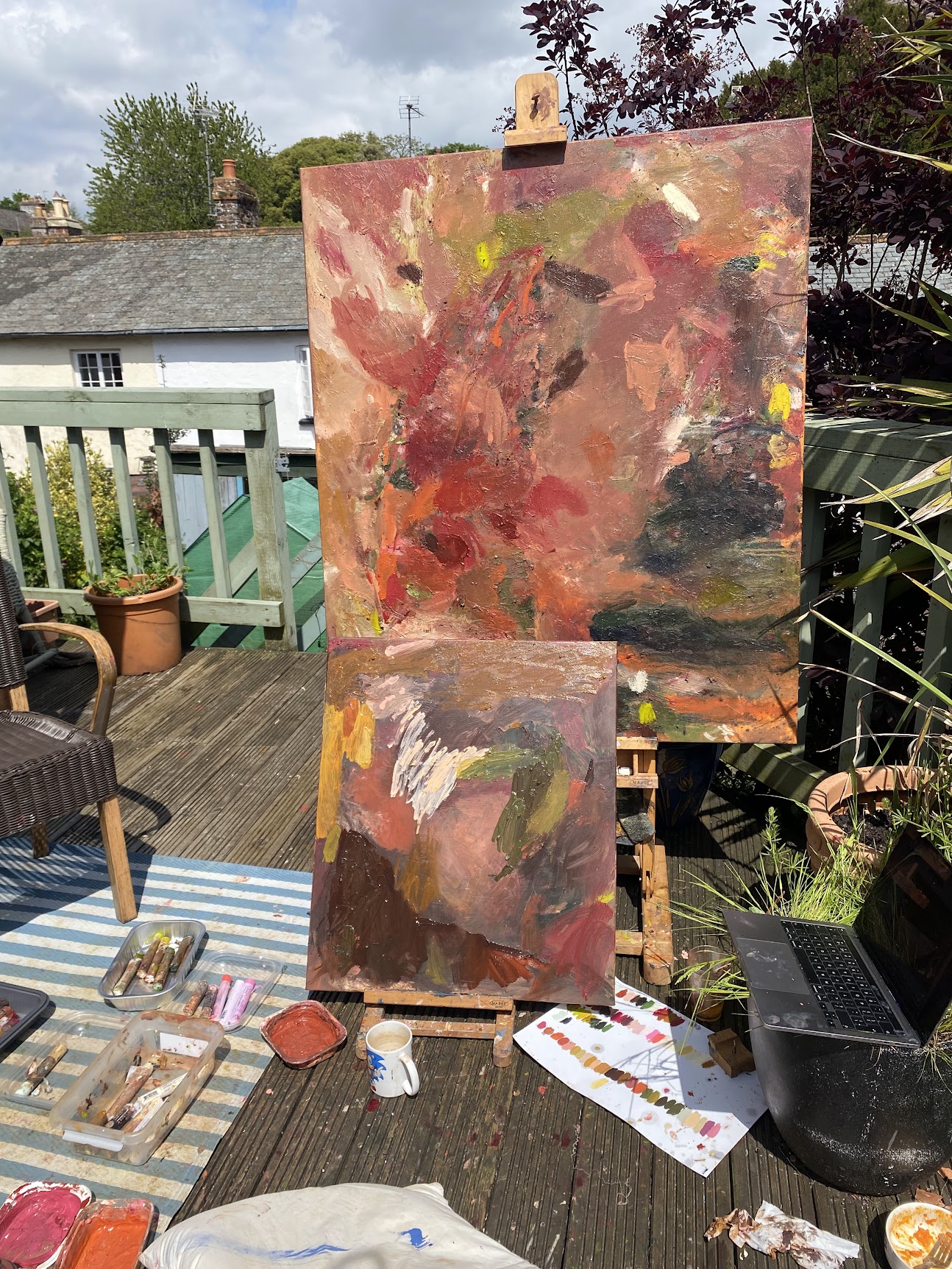 Works in progress on outdoor deck