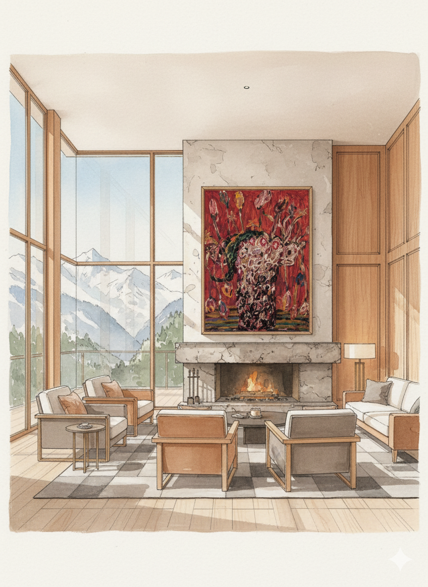 Artwork visualisation in luxury Swiss hotel lounge with alpine views